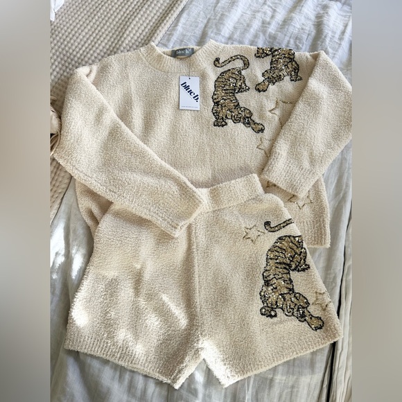 NWT Blue B. Lazy Cat Sequin Tiger Loungewear Set in Color Cream Sz S - Picture 2 of 7